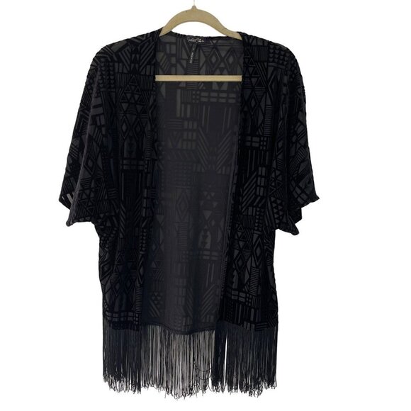 Velvet Thorn Womens Kimono Top Black Size Small Fringe Burnout Velvet Open Front - Picture 10 of 11